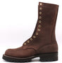 A dark brown suede lace-up work boot with brass eyelets, a black lug sole, and the brand name 'NICKS' embossed on the side, shown against a plain white background.