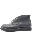 A black leather ankle boot with gold-tone metal eyelets and contrast stitching, shown from a side profile on a white background.