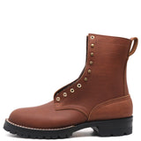 A brown leather lace-up ankle boot with brass eyelets, a pull tab, and a black lug sole, shown from a side profile on a white background.