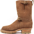 A brown suede mid-calf work boot with buckle straps, a rugged lug sole, and a stacked wood-look heel, shown from a side profile on a white background.