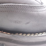 Close-up of a dark gray leather shoe upper with visible scuffing and scratches on the side, showing stitching details.