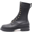 A black leather lace-up boot with gold-tone metal eyelets and studs, featuring a pull tab and the brand name 'NICKS' embossed on the side, shown against a plain white background.
