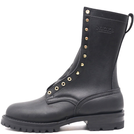 A black leather lace-up boot with gold-tone metal eyelets and studs, featuring a pull tab and the brand name 'NICKS' embossed on the side, shown against a plain white background.