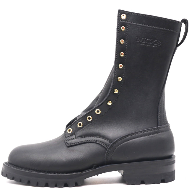 A black leather lace-up boot with gold-tone metal eyelets and studs, featuring a pull tab and the brand name 'NICKS' embossed on the side, shown against a plain white background.