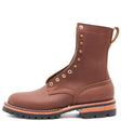 A brown leather work boot with brass eyelets, a pull loop, and a black lug sole, shown from a side profile on a white background.