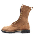 A brown suede lace-up boot with gold-tone metal eyelets and a black rubber sole, shown from a side profile on a white background.