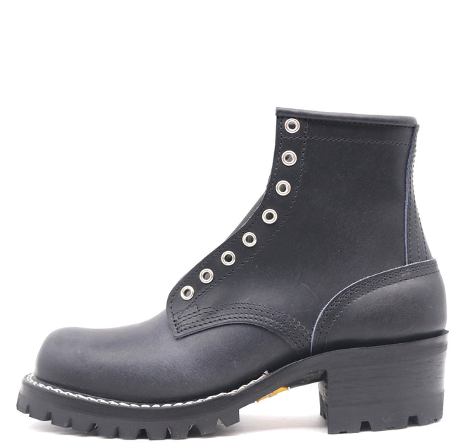 A single dark blue leather lace-up ankle boot with silver metal eyelets, a chunky black block heel, and a rugged lug sole, shown from a side profile on a white background.