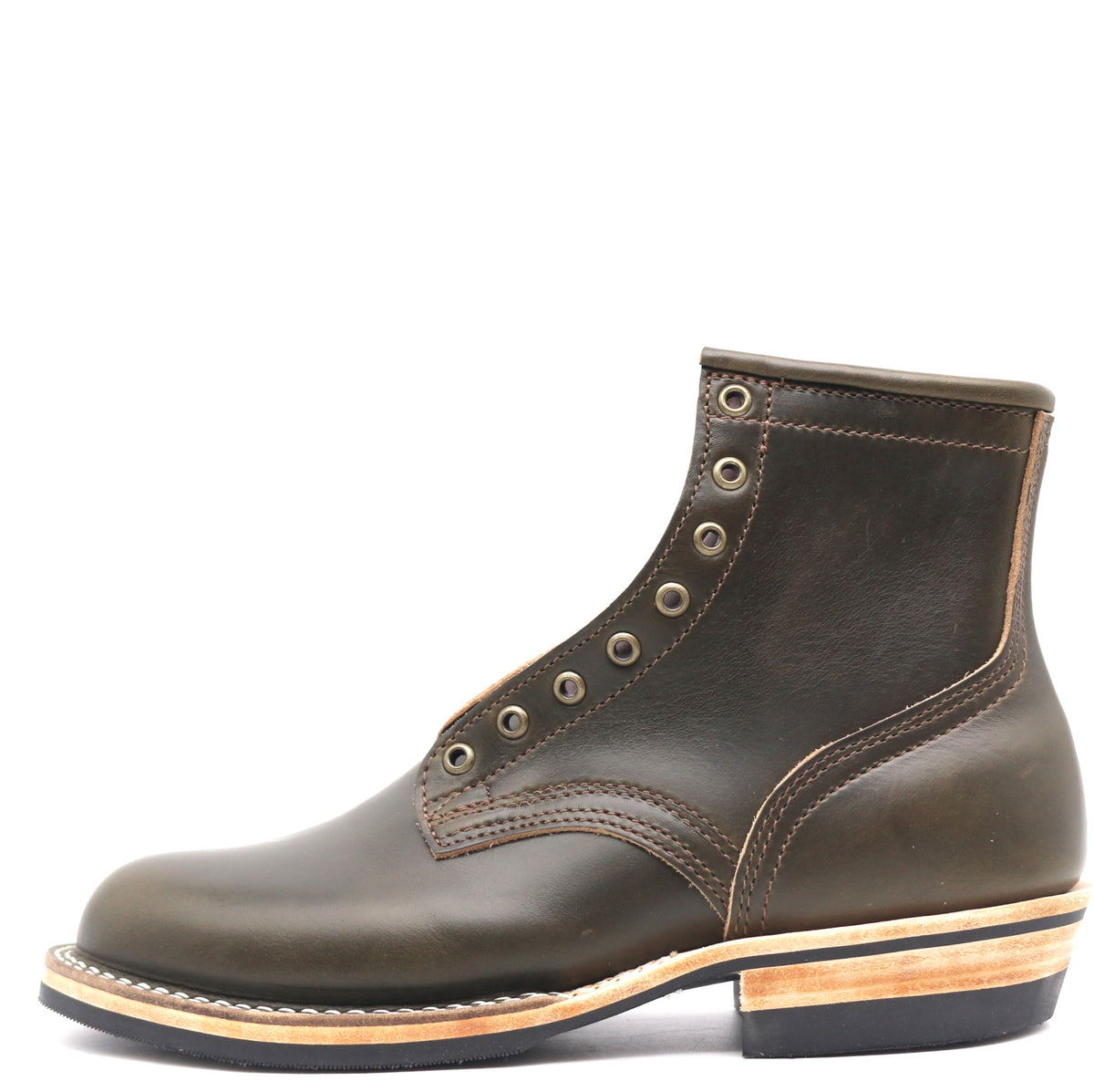 Dark olive green leather boot with antique hardware and all eyelets in front of a white background.