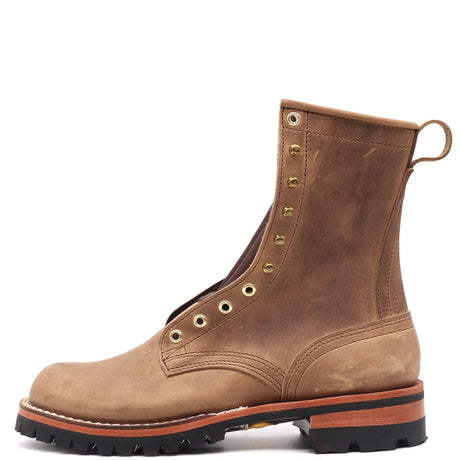 A brown suede lace-up ankle boot with brass eyelets, a pull loop, and a rugged black lug sole, shown from a side profile on a white background.
