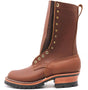 A brown leather mid-calf work boot with decorative gold-tone eyelets and studs, a pull loop, and a stacked lug sole, shown against a plain white background.
