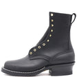A black leather lace-up ankle boot with gold-tone metal eyelets and a low block heel, shown from a side profile on a white background.