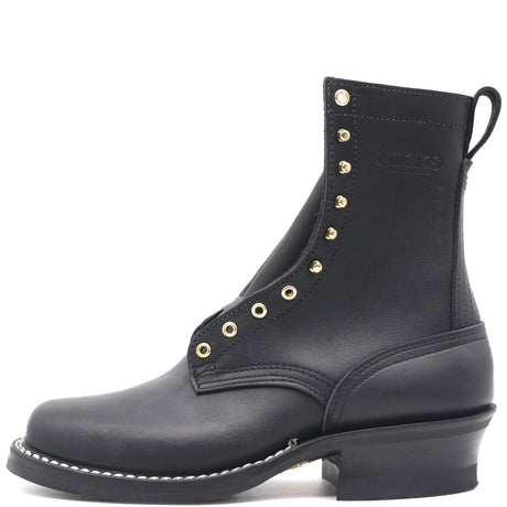 A black leather lace-up ankle boot with gold-tone metal eyelets and a low block heel, shown from a side profile on a white background.