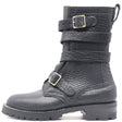 A black pebbled leather mid-calf boot with three adjustable strap closures and gold-tone buckles, shown from a side profile on a white background.
