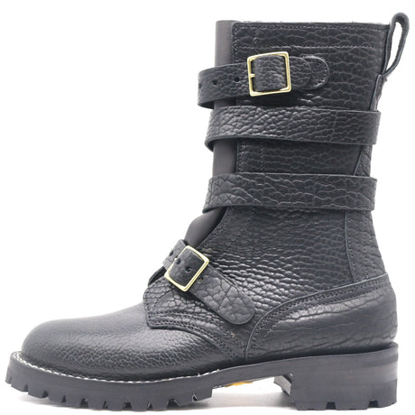 A black pebbled leather mid-calf boot with three adjustable strap closures and gold-tone buckles, shown from a side profile on a white background.