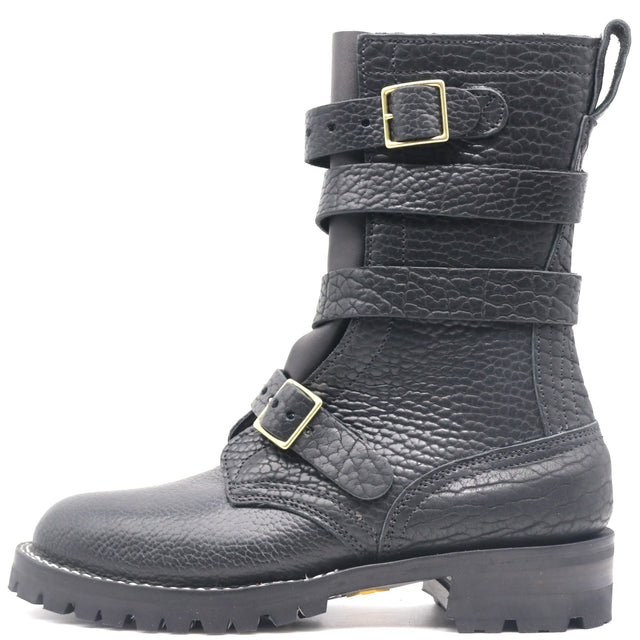 A black pebbled leather mid-calf boot with three adjustable strap closures and gold-tone buckles, shown from a side profile on a white background.