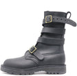 A black leather ankle boot with multiple decorative straps and gold-tone buckle details, shown from a side profile on a white background.
