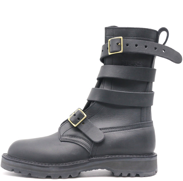 A black leather ankle boot with multiple decorative straps and gold-tone buckle details, shown from a side profile on a white background.