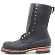 Tall black leather boot with padded gusset, relief cut, rear pull loop, and brass hardware in front of a white background.