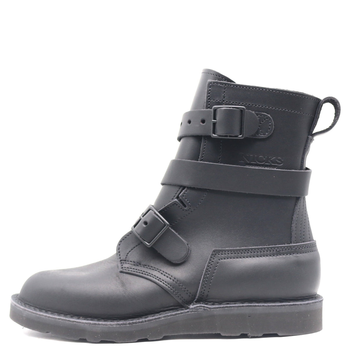A black leather ankle boot with multiple adjustable straps and a pull tab, shown from a side profile on a white background.