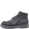 Black leather ankle boot with brass hardware, padded collar, and black Sierra outsole.