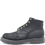 Black leather ankle boot with brass hardware, padded collar, and black Sierra outsole.