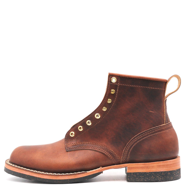 A brown leather lace-up ankle boot with brass eyelets, a pull tab, and a stacked sole, shown from a side profile on a white background.