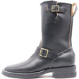 A black leather mid-calf riding boot with gold-tone buckle straps and a pull tab, shown from a side profile on a white background.