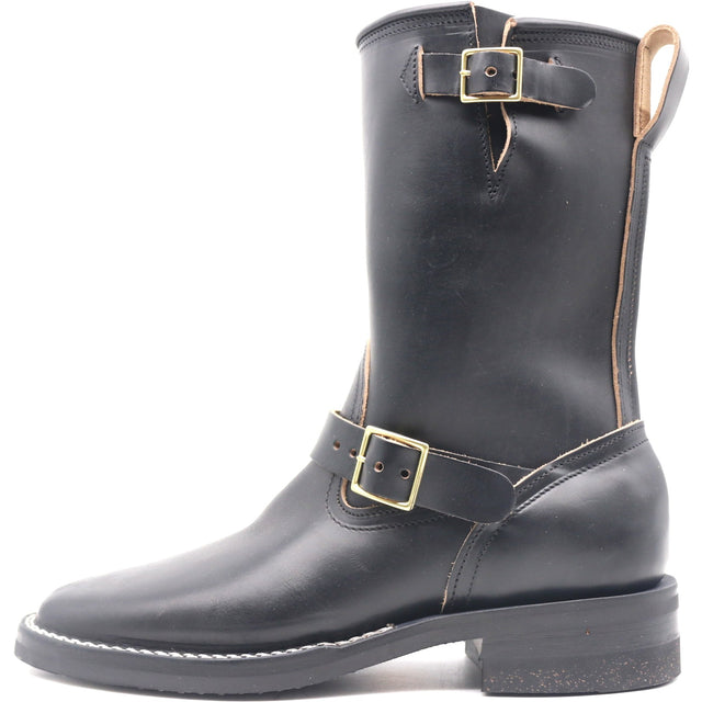 A black leather mid-calf riding boot with gold-tone buckle straps and a pull tab, shown from a side profile on a white background.