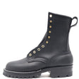 A black leather lace-up ankle boot with gold-tone metal eyelets and studs, a pull loop at the back, and a rugged lug sole, shown from a side profile on a white background.