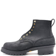Black leather boot with a white background