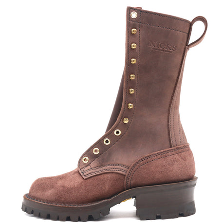 A brown leather lace-up work boot with gold-tone metal eyelets and studs, a pull tab, and a chunky dark sole, shown from the side on a white background.