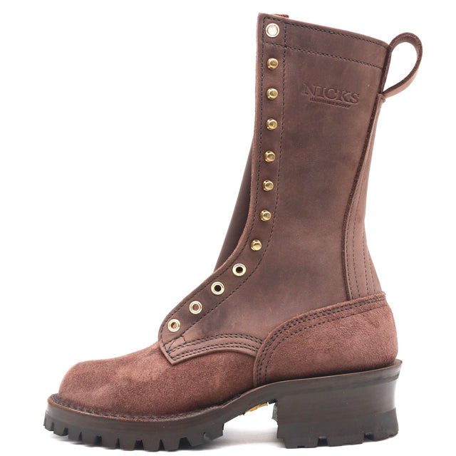 A brown leather lace-up work boot with gold-tone metal eyelets and studs, a pull tab, and a chunky dark sole, shown from the side on a white background.