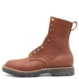 A brown leather lace-up work boot with brass eyelets, a pull tab, and a black rubber sole, shown from a side profile on a white background.