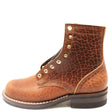 A single brown leather lace-up boot with a textured, cracked finish on the upper, contrast stitching, brass eyelets, and a dark sole, shown against a plain white background.