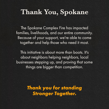 A black square graphic reading "thank you, Spokane. " with text about helping our neighbors and stepping up when others need it. 