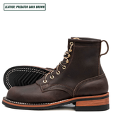 A pair of dark brown leather lace-up boots shown on a white background, with one boot standing upright and the other lying on its side to display the sole tread. A text label in the top-left corner reads 'LEATHER: PREDATOR DARK BROWN'.