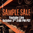 Promotional graphic for a YouTube live sample sale, featuring large orange and white text over a warehouse background with stacks of brown plastic or metal sample tubes on orange shelving.