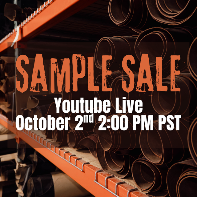 Promotional graphic for a YouTube live sample sale, featuring large orange and white text over a warehouse background with stacks of brown plastic or metal sample tubes on orange shelving.