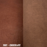Brown leather rolled out showing smooth on left side and roughout on the right. Bottom left reads '1881 - CHOCOLATE'.