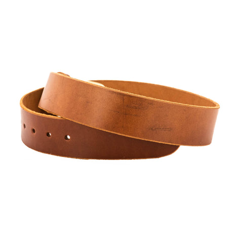medium brown veg tan work belt with light discoloration and scarring.