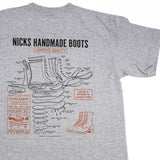 Grey T-shirt with a boot ad on it