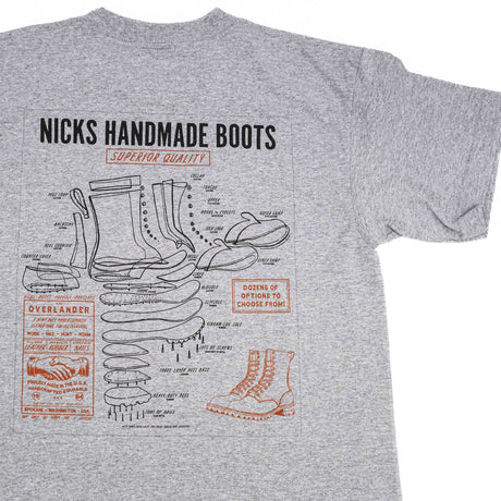 Grey T-shirt with a boot ad on it