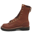 A brown leather lace-up ankle boot with brass eyelets, contrast stitching, and a black rubber sole, shown from a side profile on a white background.