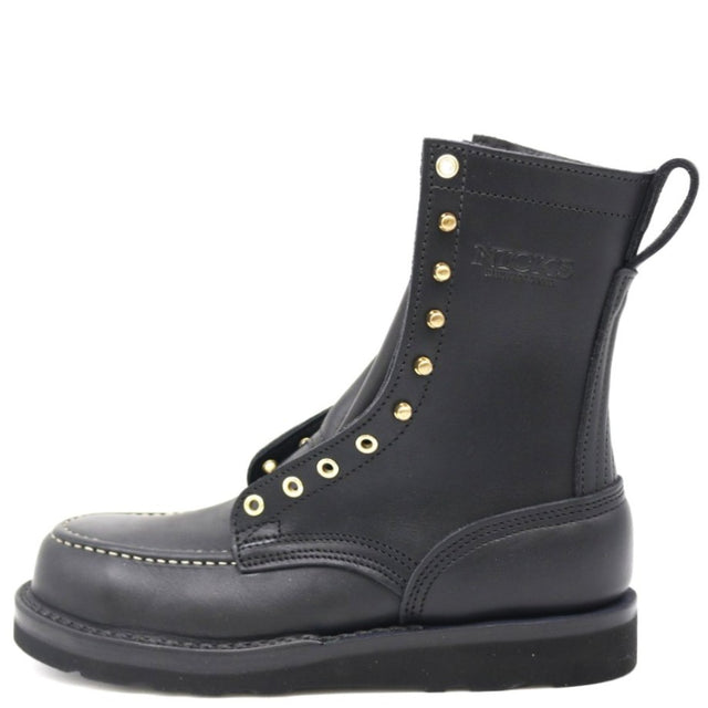 A black leather lace-up ankle boot with gold-tone metal eyelets and studs, featuring a pull tab on the heel, shown against a plain white background.