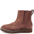 A single brown suede Chelsea-style ankle boot with contrast stitching, elastic side gore panels, and a pull tab at the heel, shown in profile against a plain white background.