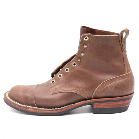 55 last, 6 inch height, natural waxed flesh leather, natural edge, mini lug sole