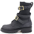 Black boot with gold buckles on a white background