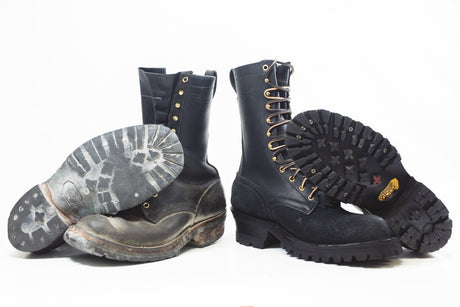 A pair of old worn out boots next to a pair of new boots