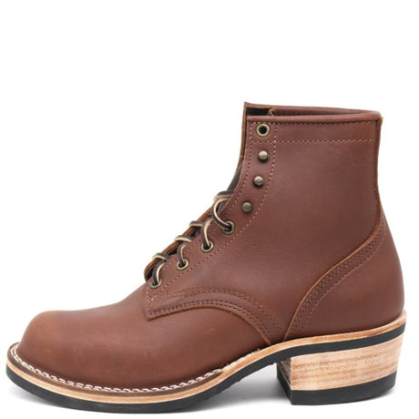 A brown leather lace-up ankle boot with a stacked wood-look block heel, black outsole, and brass eyelets, shown from a side profile on a white background.