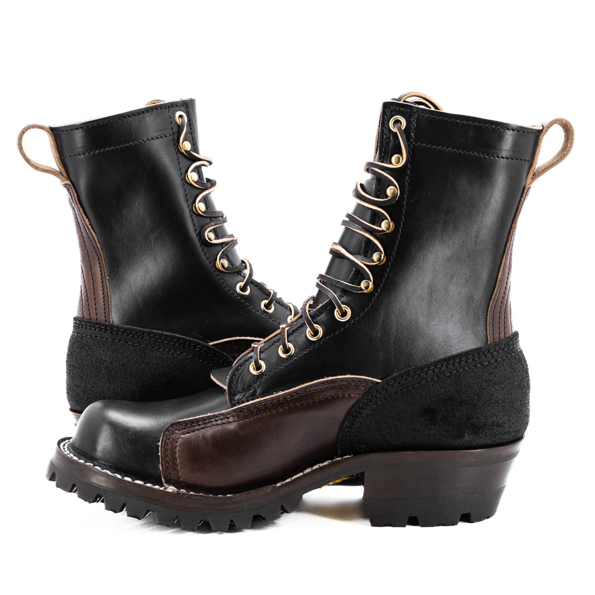 Eight tall black leather boot with rubber sole.